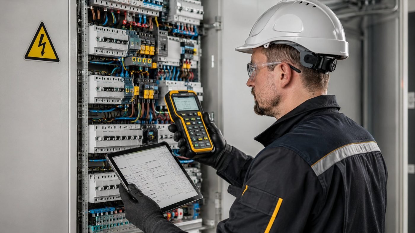 Revizní technik při práci s rozvaděčem